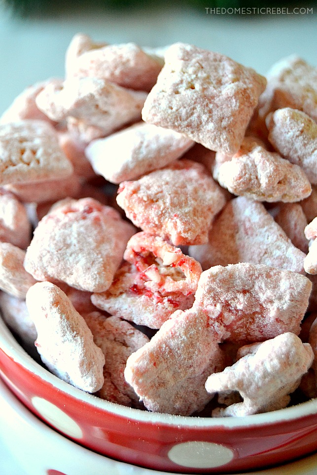 Closeup bowl of peppermint candy cane muddy buddies
